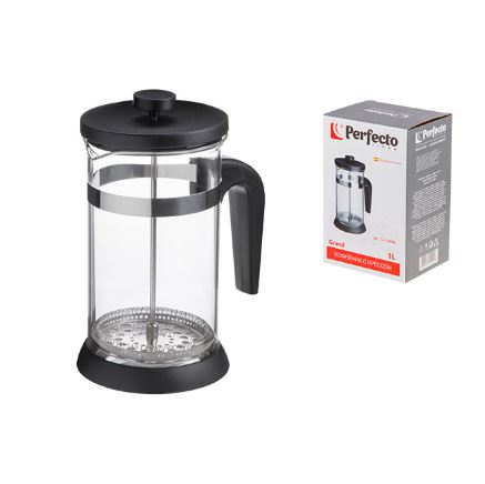Кофейник с прессом/ заварочный чайник, стеклянный, 1000 мл, GRAND, PERFECTO LINEA
